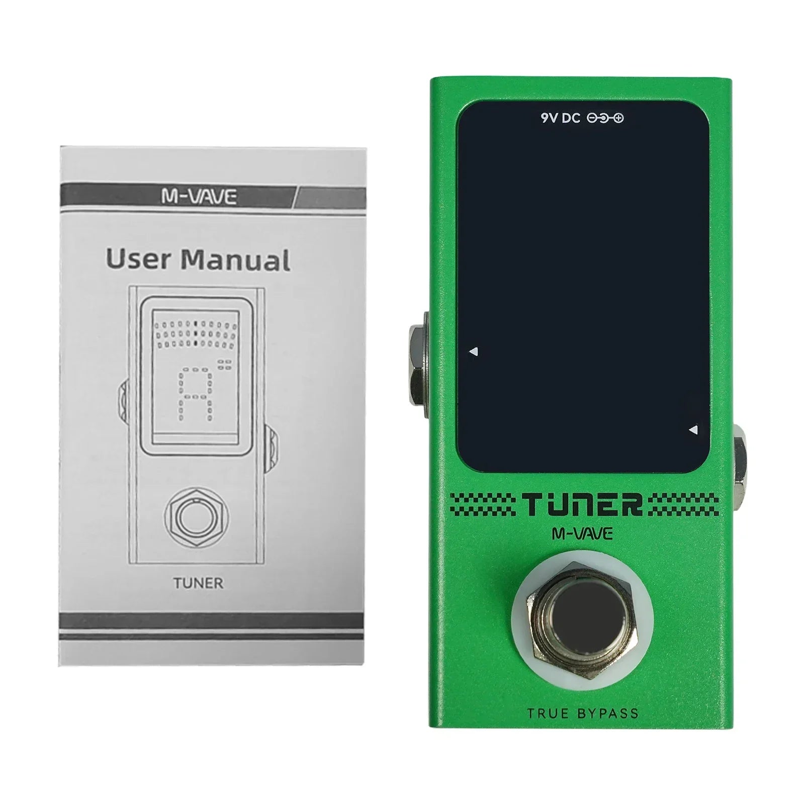 Green m-vave effects pedal tuner with black hd display auto mute and silver footswitch for high precision tuning