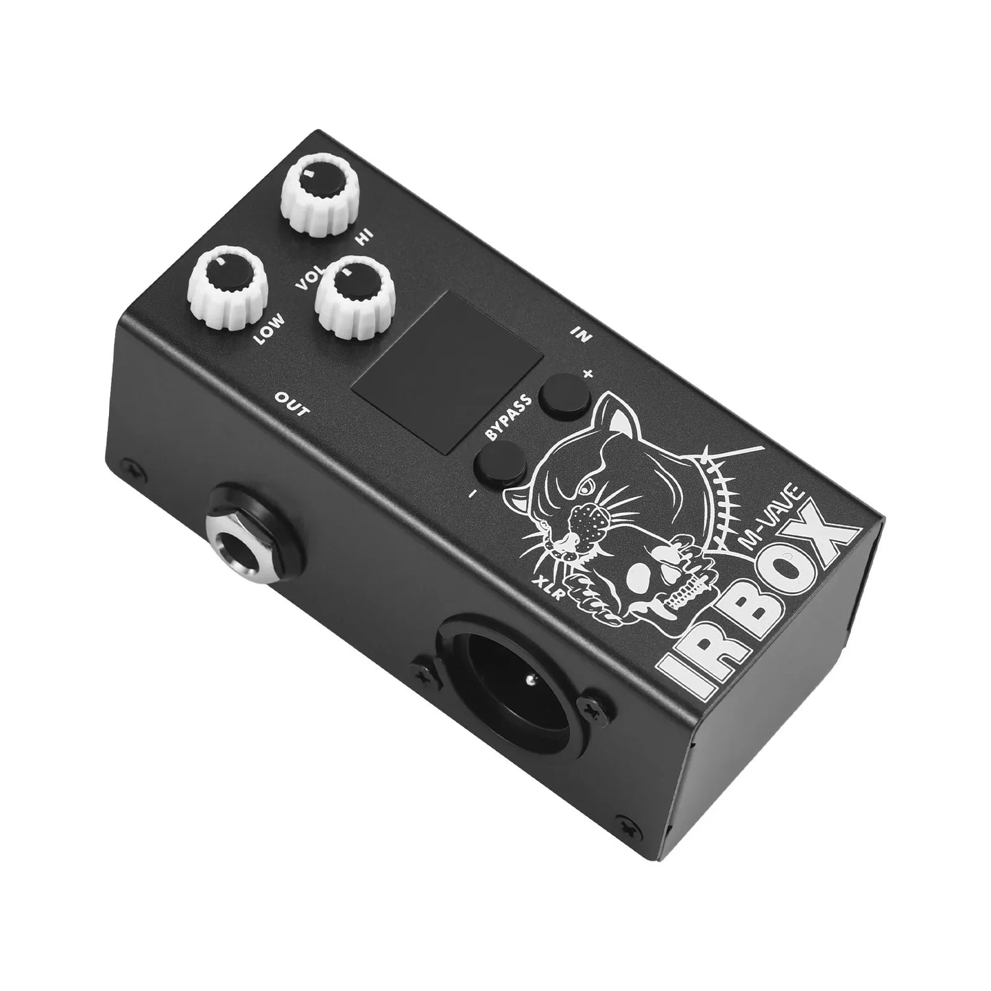 Black irbox mini-vibe guitar ir box effect pedal with white knobs and cab impulse response speaker simulator graphic