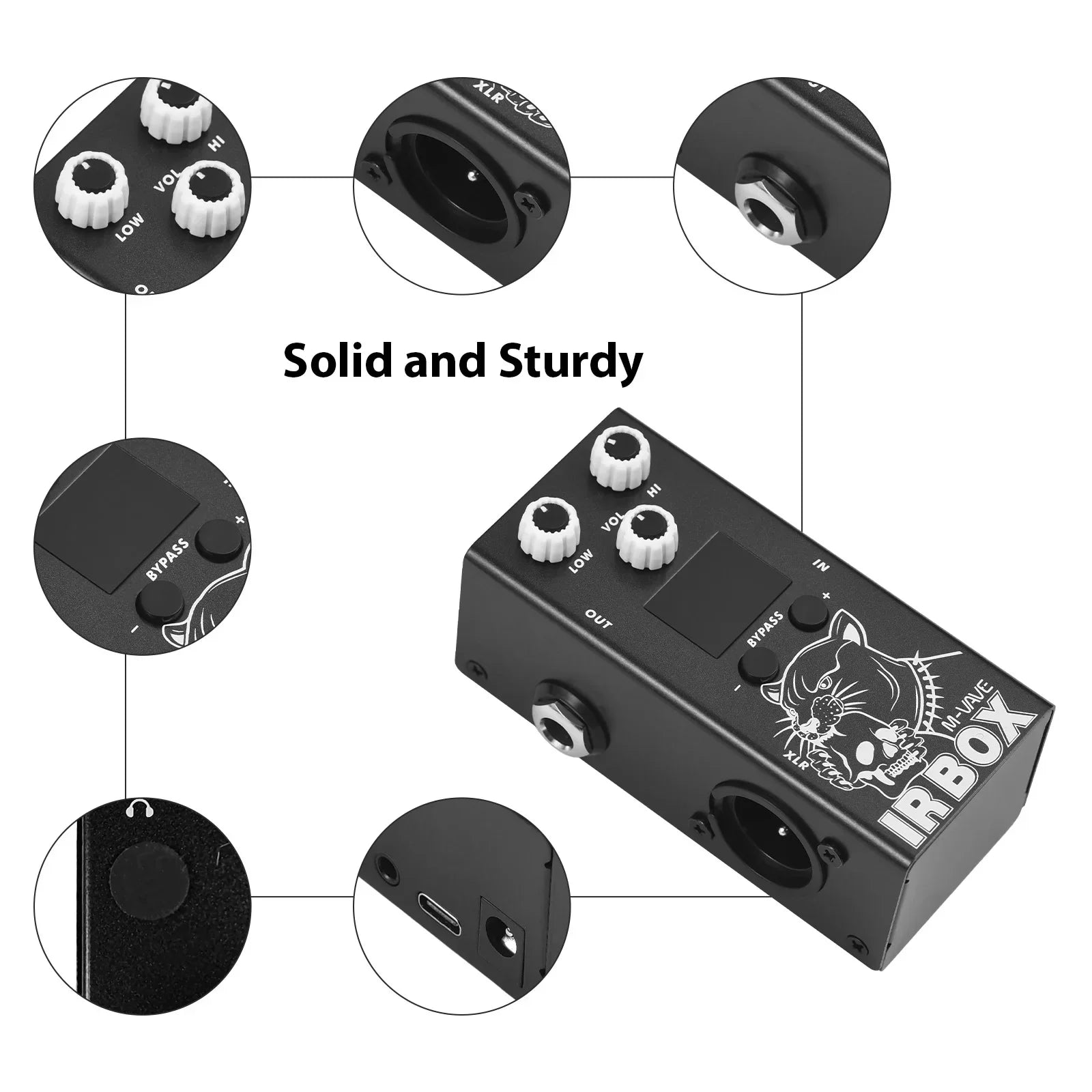Black m-vave guitar ir box effect pedal with white knobs and stylized cat graphic featuring cab impulse response