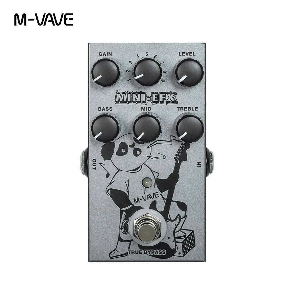Silver m-vave guitar pedal with cartoon panda design featuring black knobs and cabinet simulator for classic speaker box sound