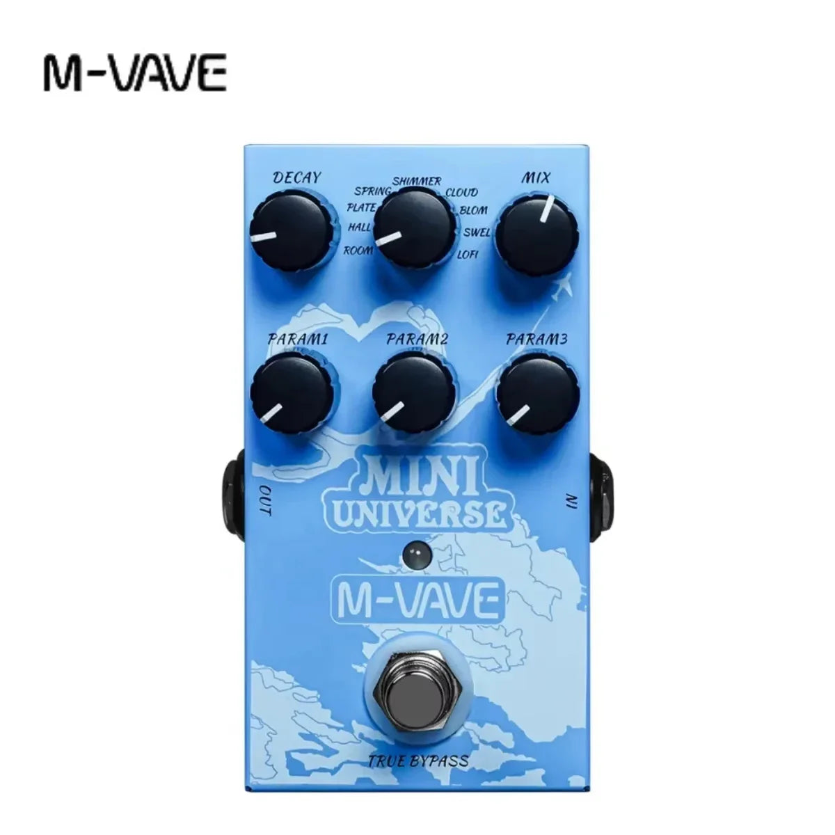 Blue m-vave mini universe vave guitar pedal with black knobs and world map design featuring cabinet simulator for classic speaker box sound