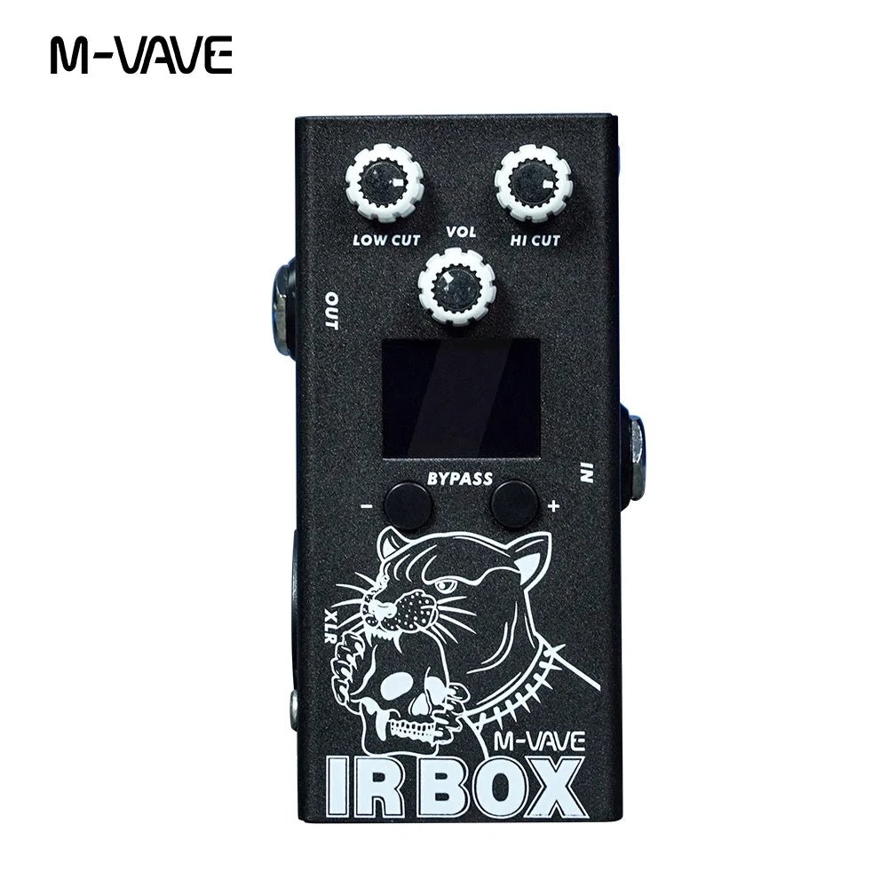 Black m vave guitar pedal effects ir box featuring white panther graphic and three knobs with cabinet simulator function