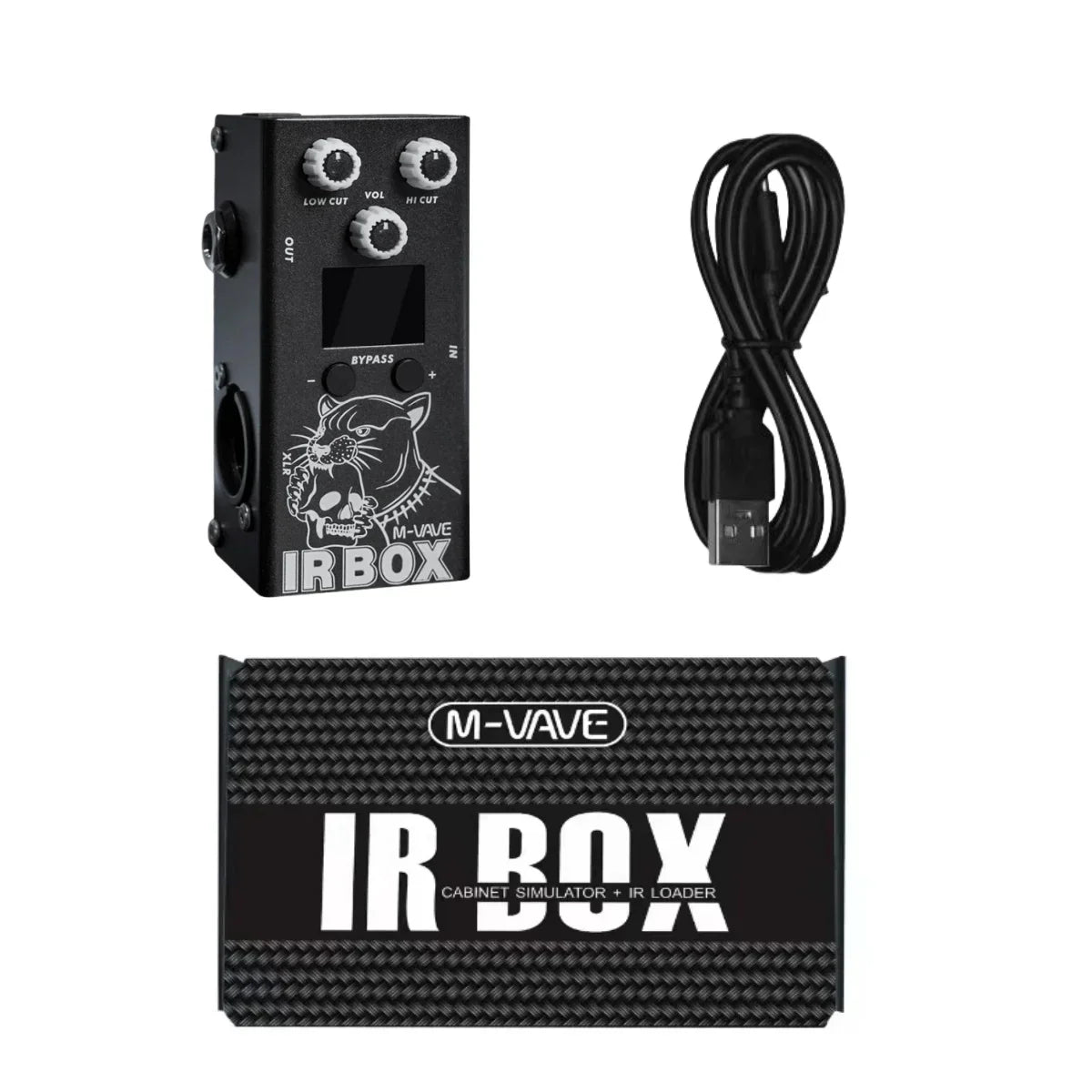 Black m vave guitar pedal effect IR box with cabinet simulator and classic speaker box sound controls and white skull logo