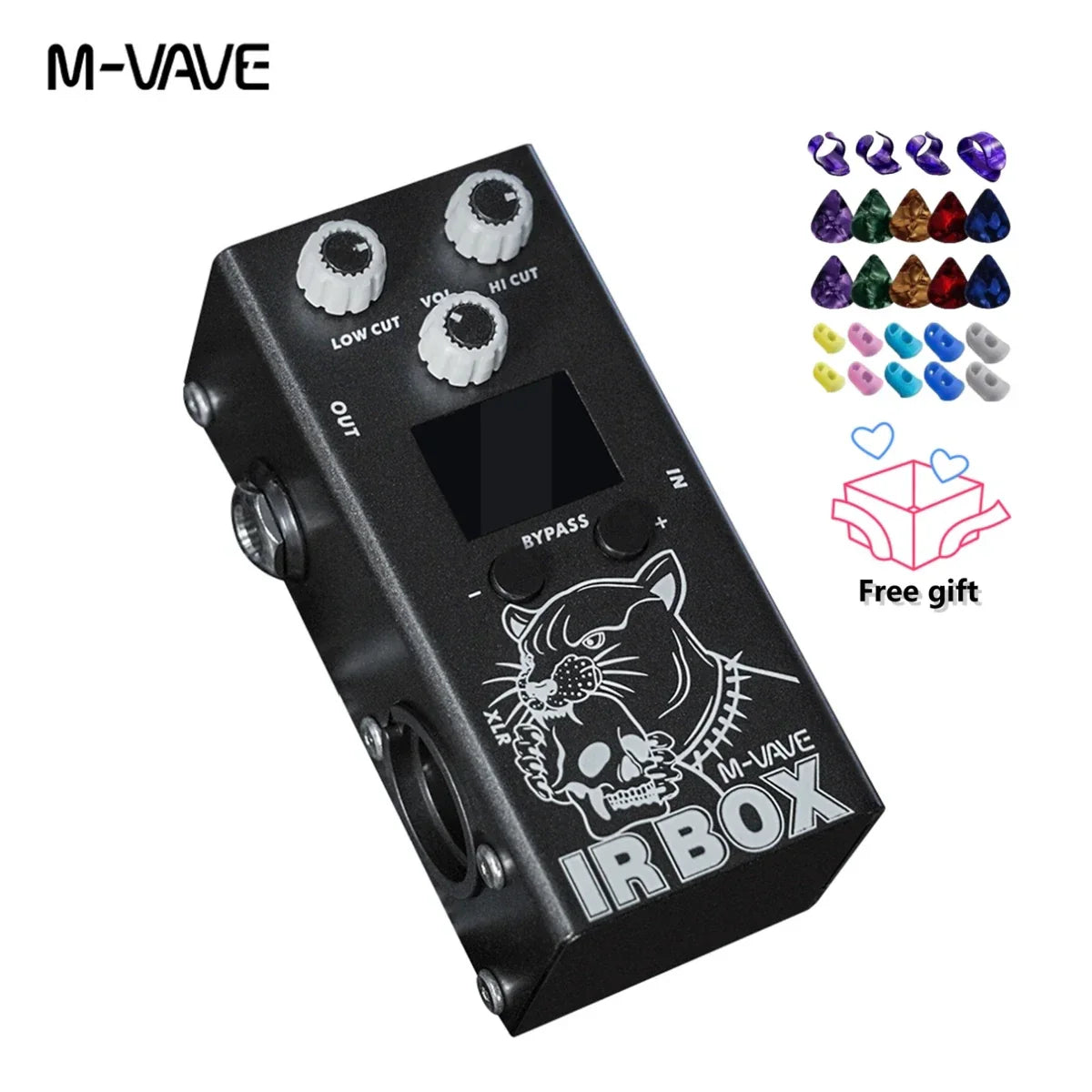 Black m vave guitar pedal ir box with white panther skull design featuring cabinet simulator and classic speaker box sound