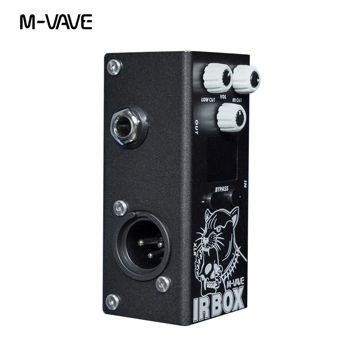 Black m vave guitar pedal ir box with white knobs and stylized cat graphic featuring classic speaker box sound cabinet simulator