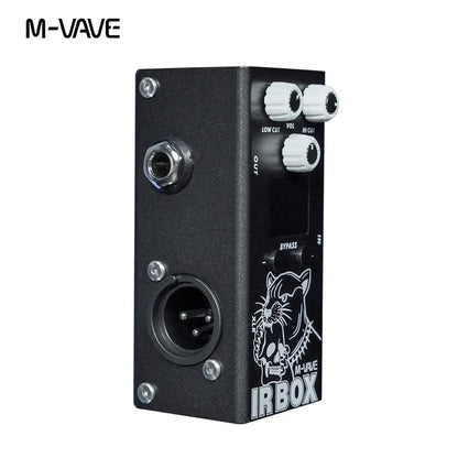 Black m vave guitar pedal ir box with white knobs and stylized cat graphic featuring classic speaker box sound cabinet simulator