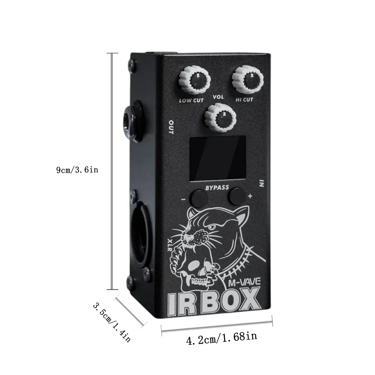Black m-wave vave guitar pedal effect ir box with white knobs and cat skull graphic cabinet simulator features