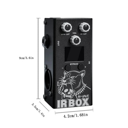 Black m-wave vave guitar pedal effect ir box with white knobs and cat skull graphic cabinet simulator features