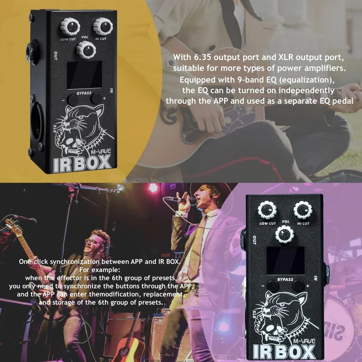 Black m vave guitar pedal ir box featuring white skull and cat graphic with cabinet simulator and classic speaker box sound