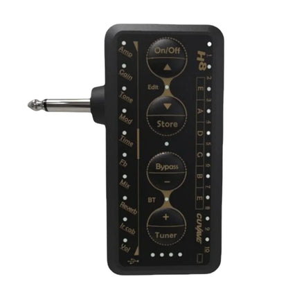 Black rectangular m-vave h8 guitar headphone amplifier with silver input jack and delay reverb effect for internal recording