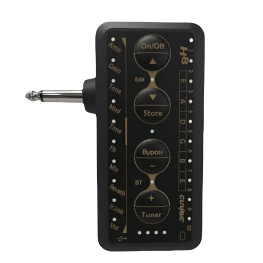 Black rectangular m-vave h8 guitar headphone amplifier with silver input jack and delay reverb effect for internal recording