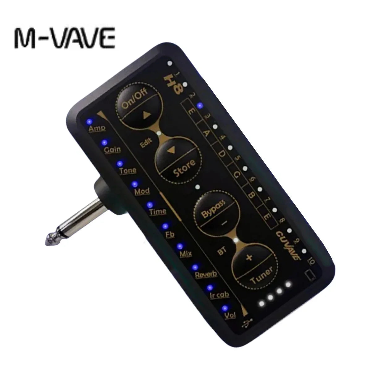 Black m-vave h8 guitar headphone amplifier with delay reverb effect, gold buttons, blue led indicators, and 1/4-inch jack for internal recording