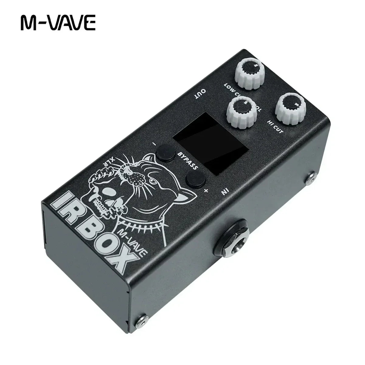 Black m-vave ir box guitar effects pedal with white panther graphic three knobs and 6th group output port features
