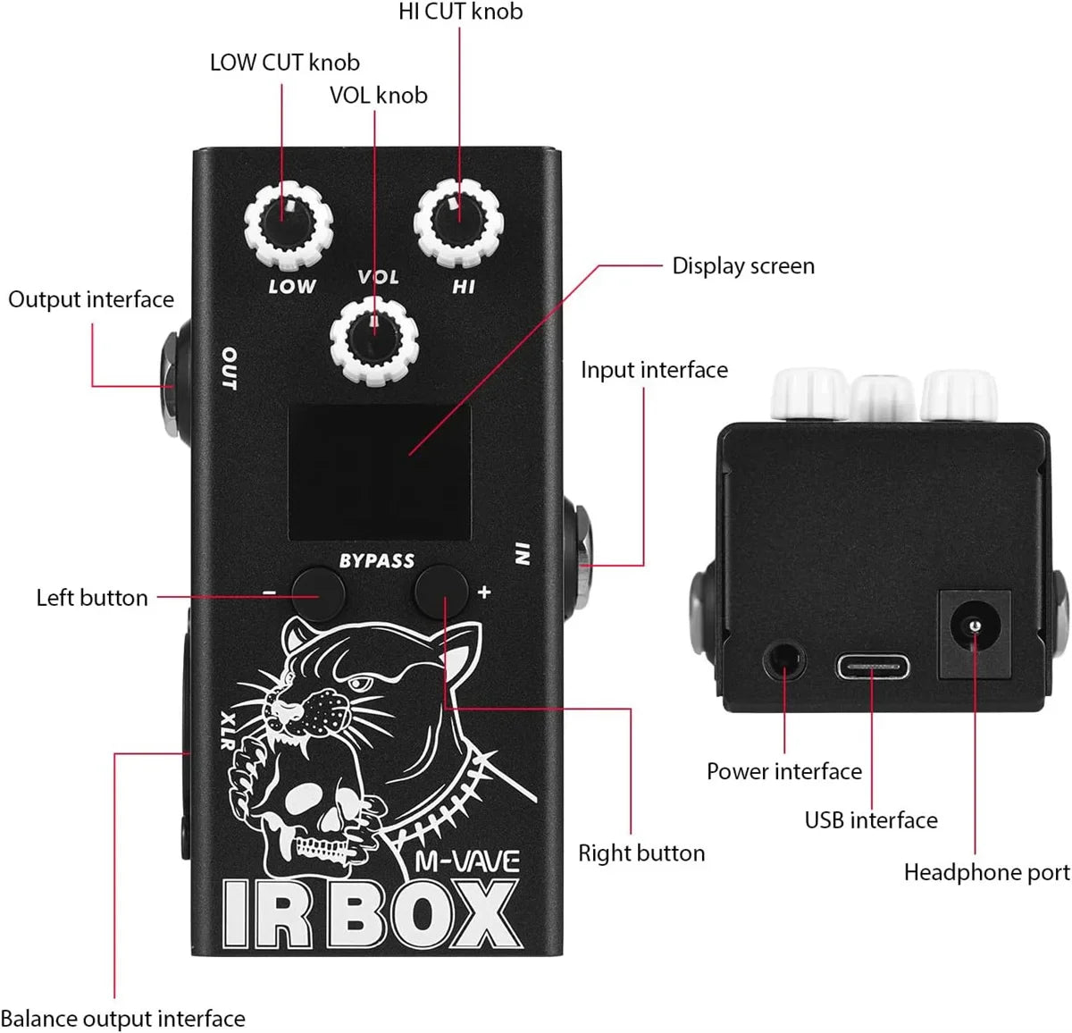 Black m-vave ir box guitar effects pedal with white knobs panther graphic and multiple input output ports including 6th group output port