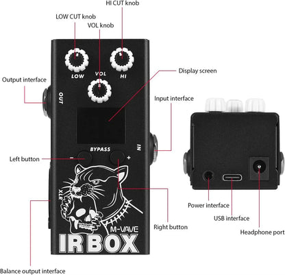 Black m-vave ir box guitar effects pedal with white knobs panther graphic and multiple input output ports including 6th group output port