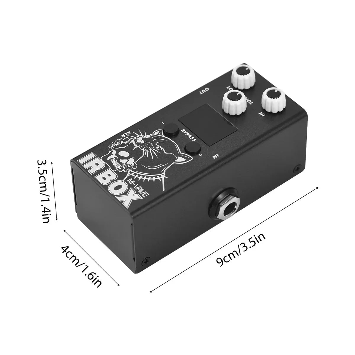 Black m-vave ir box guitar effects pedal with white skull cat design three white knobs and output port for 6th group use
