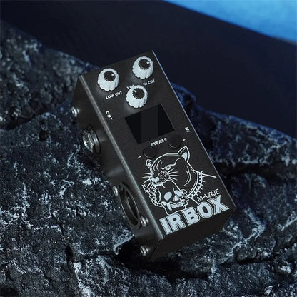 Black metal 6th group m-vave ir box effects pedal with white knobs and black panther graphic featuring output port