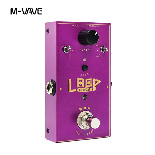 Purple m-vave loop ii looper guitar pedal with gold lettering silver knobs and ready-record function for 3 loops up to 11 minutes