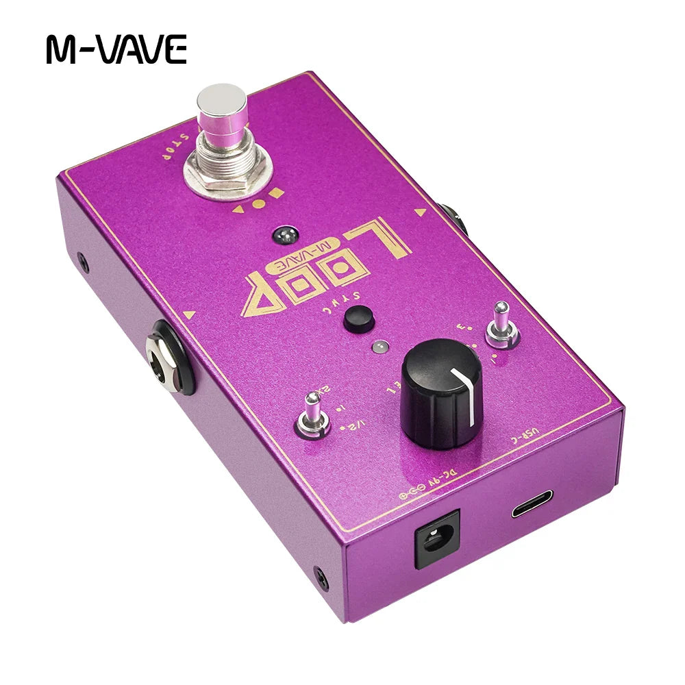 Purple m-vave loop ii studio looper pedal with gold lettering and black knobs featuring 11 minutes recording time and power supply