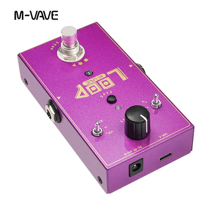 Purple m-vave loop ii studio looper pedal with gold lettering and black knobs featuring 11 minutes recording time and power supply