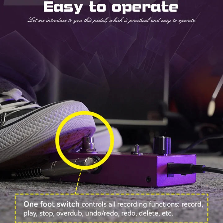Purple metal m-vave loop ii studio looper pedal with silver footswitch and black knobs featuring ready-record function and power supply