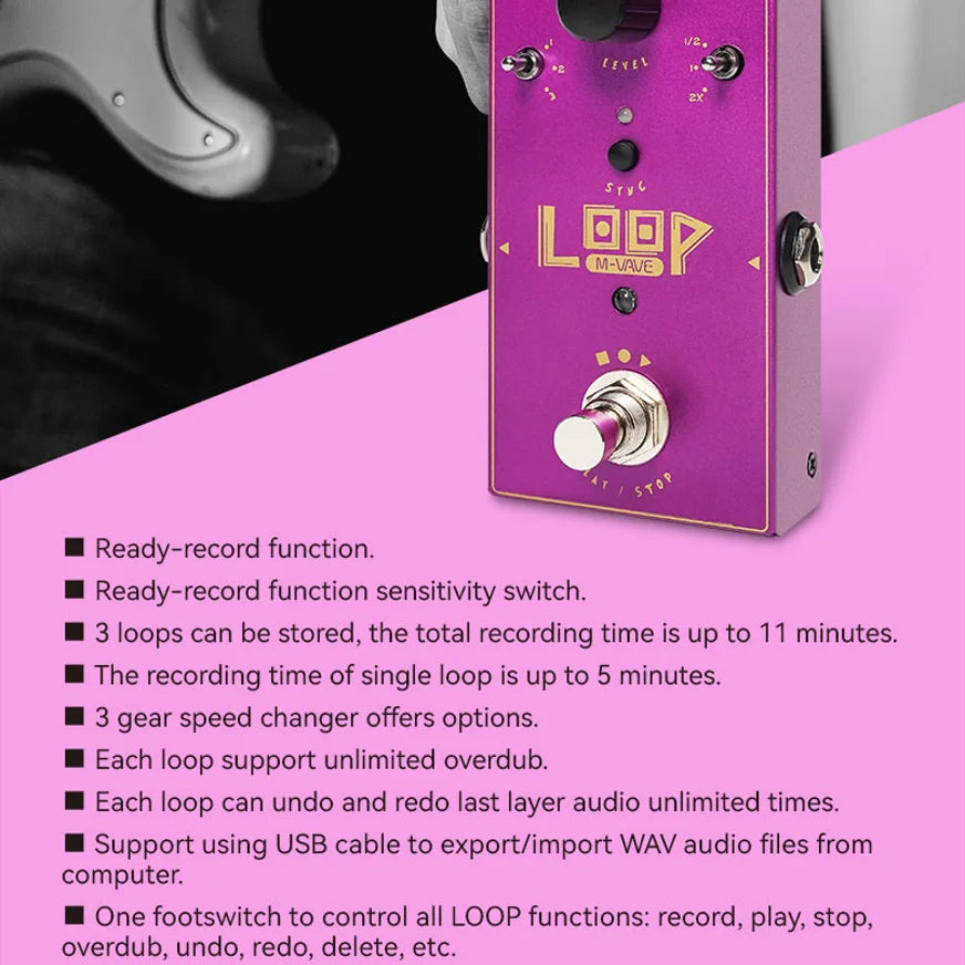 Purple m wave loop ii studio looper pedal with gold lettering silver footswitch offers 11 minutes recording time and ready record function