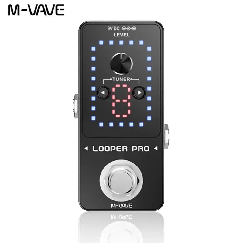 Black m-vave looper pro guitar effect pedal with digital display and blue led square pattern featuring tap footswitch