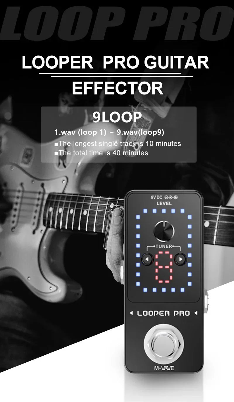 Black looper pro guitar effect pedal with digital display number 8 and blue led tap footswitch for electric guitar loops