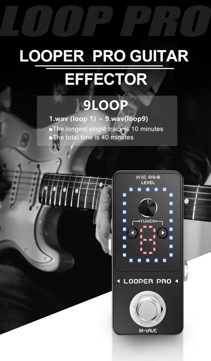 Black looper pro guitar effect pedal with digital display number 8 and blue led tap footswitch for electric guitar loops