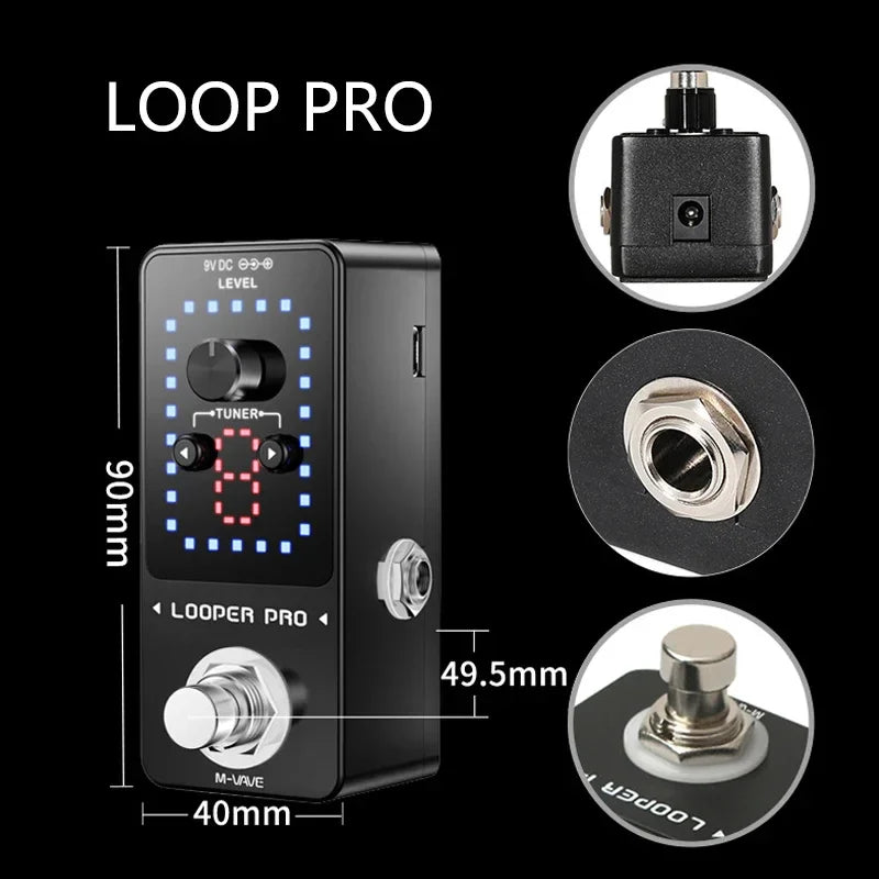 Black rectangular m-wave looper pro guitar effect pedal with digital display 8 red, blue led lights, level and tuner knobs, tap footswitch