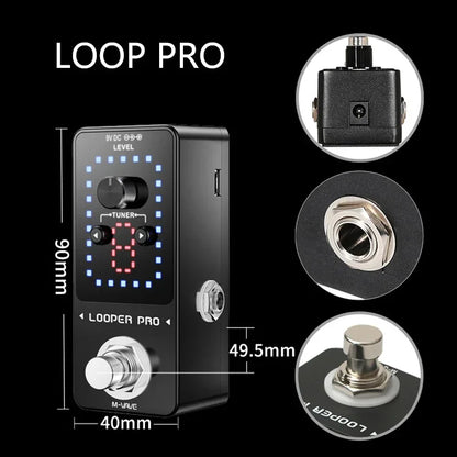 Black rectangular m-wave looper pro guitar effect pedal with digital display 8 red, blue led lights, level and tuner knobs, tap footswitch