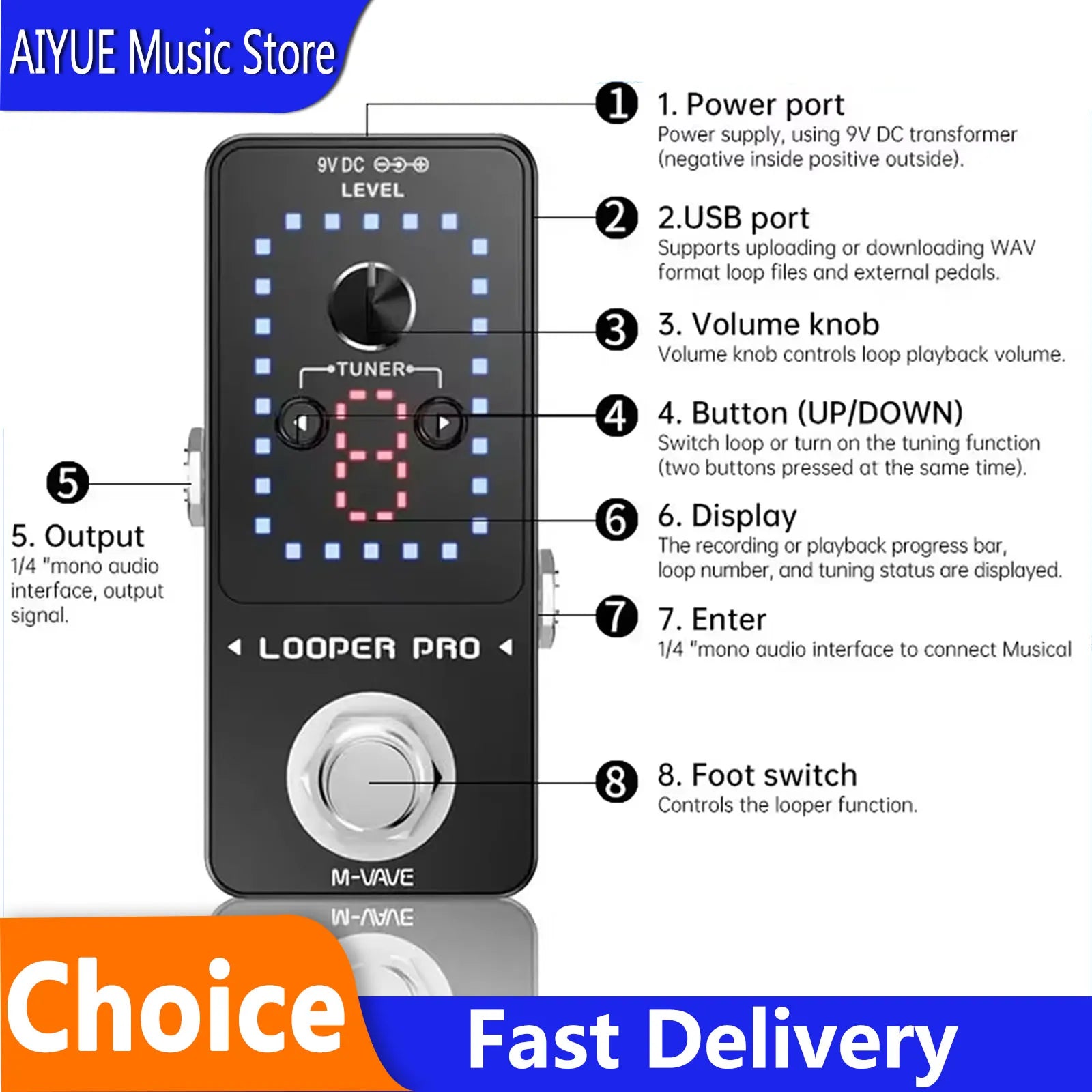 Black m-wave looper pro guitar effect pedal with digital display volume knob and tap footswitch for looping and tuning