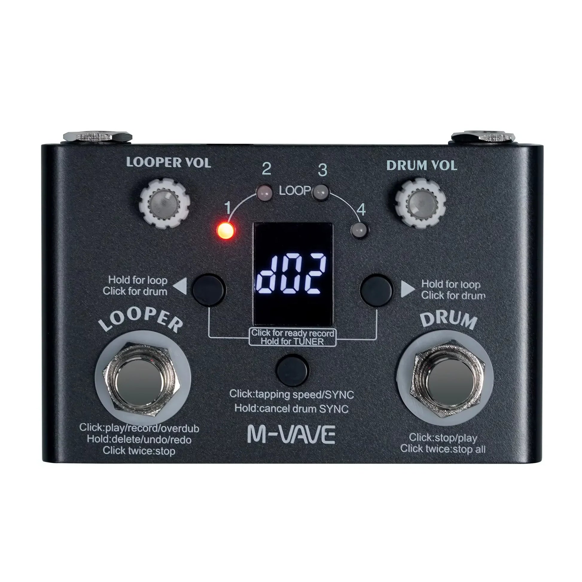 Black m-vave lost tempo drum looper pedal with silver knobs digital display and red led for guitar bass effects