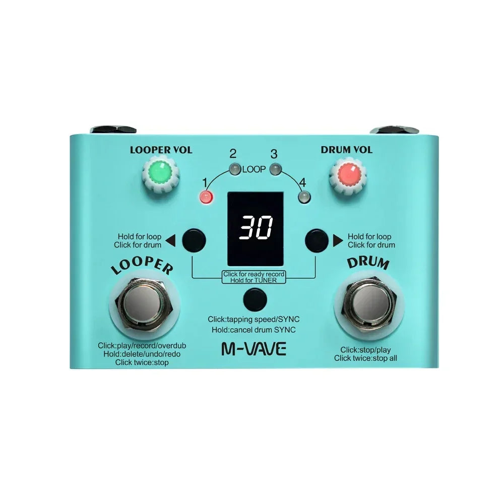 Turquoise m-vave lost tempo drum looper pedal with green red knobs silver footswitches digital display 30 for guitar bass effects