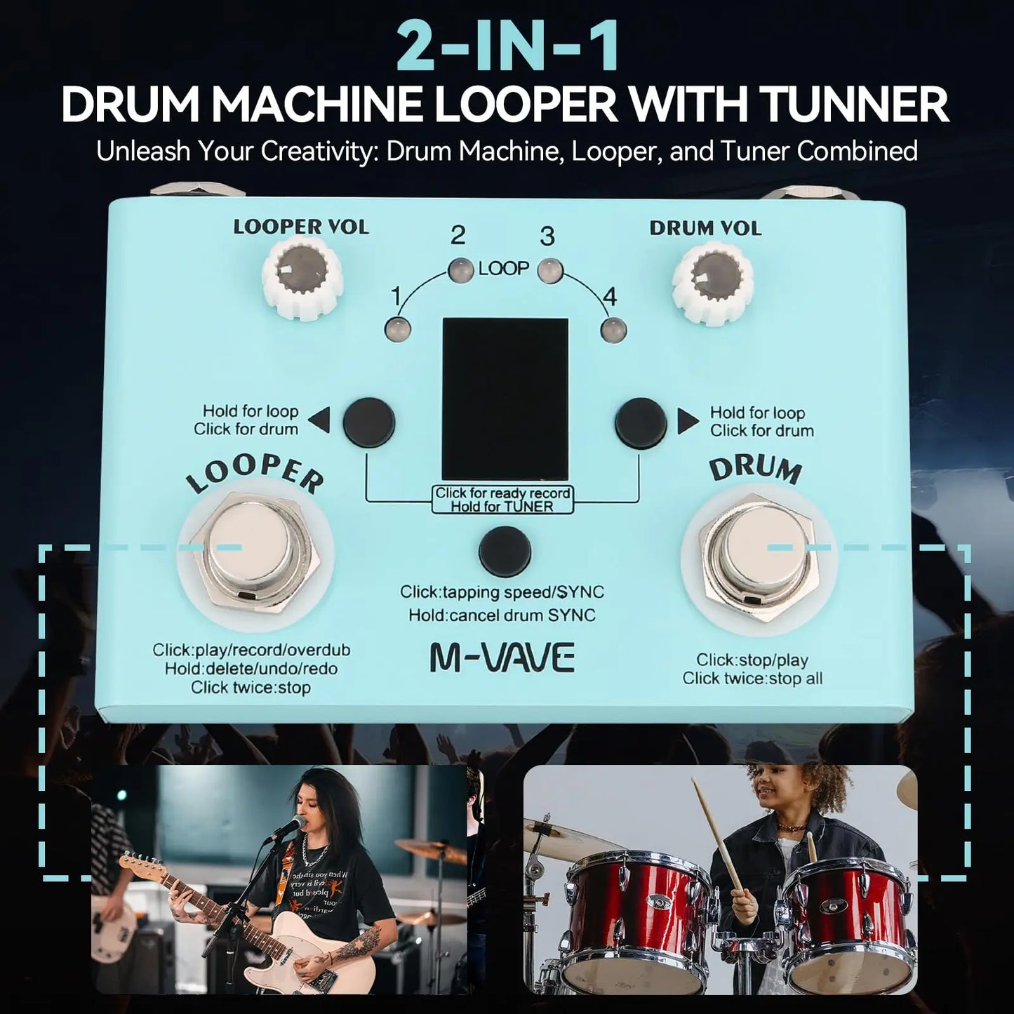 Light blue m-vave lost tempo drum 2-in-1 looper and tuner pedal with white knobs and silver buttons for guitar bass effects