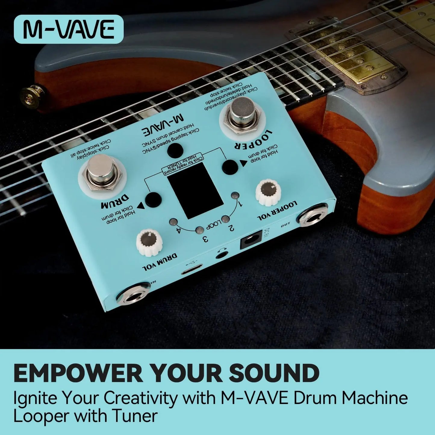 Light blue m-vave lost tempo drum machine looper with silver knobs for guitar bass effects and 4-mode tuner