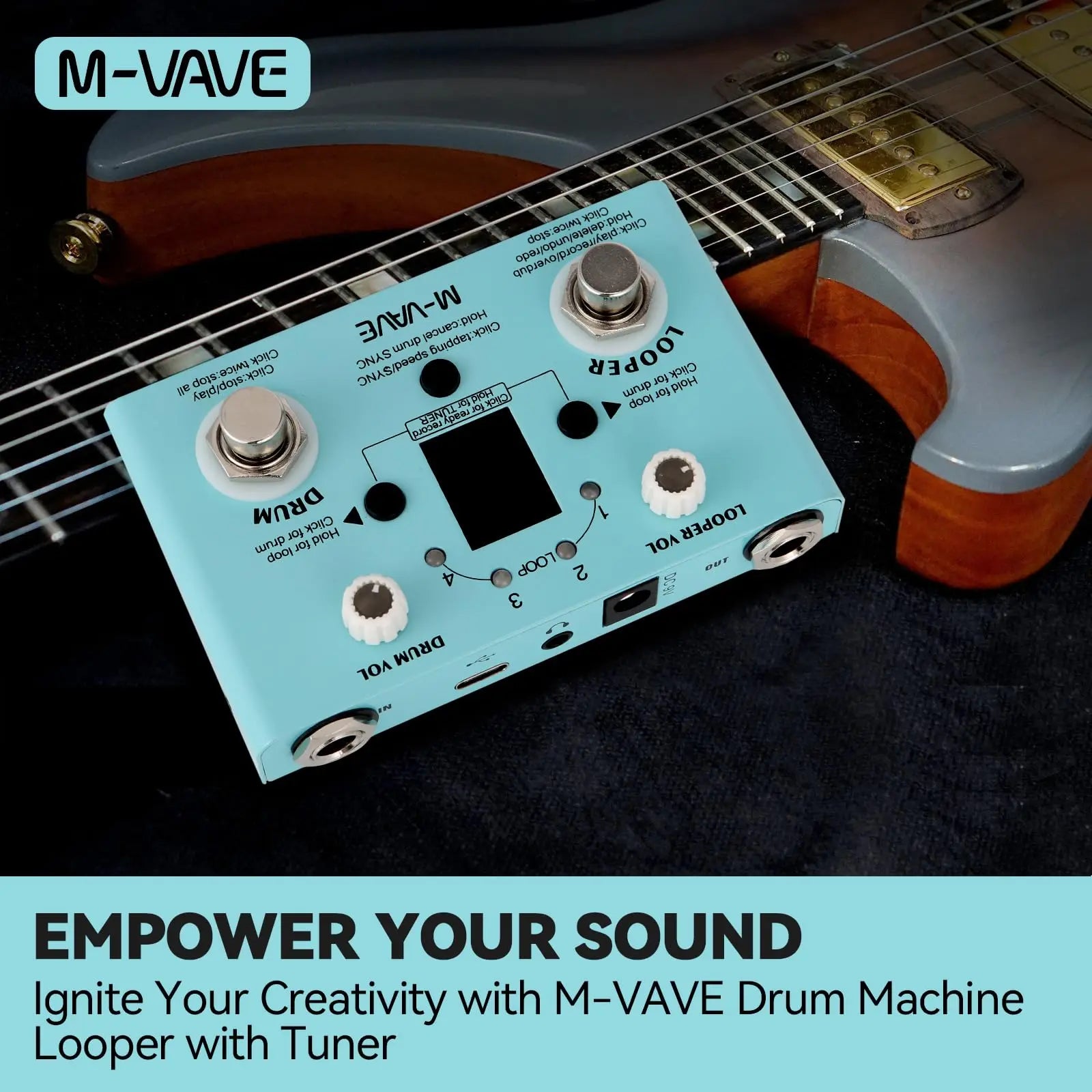 Light blue m-vave lost tempo drum machine looper with silver knobs for guitar bass effects and 4-mode tuner
