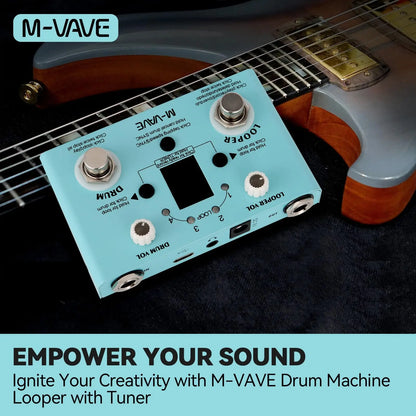 Light blue m-vave lost tempo drum machine looper with silver knobs for guitar bass effects and 4-mode tuner