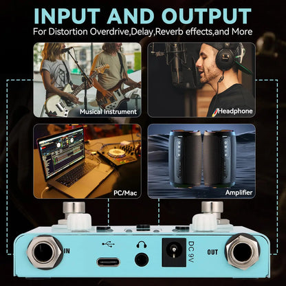 Light blue m-vave lost tempo drum machine and looper pedal with usb-c, headphone jack, and guitar bass effects inputs