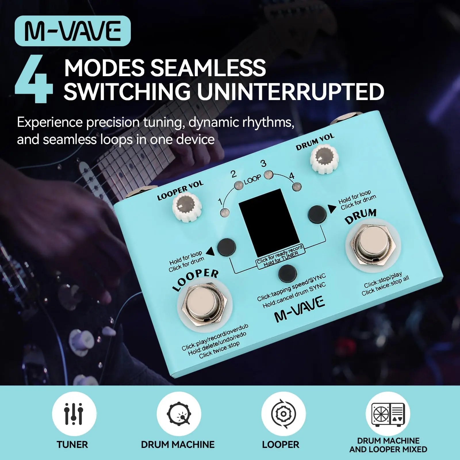 Light blue m-vave lost tempo drum pedal with white knobs and silver footswitches for guitar bass effects looping