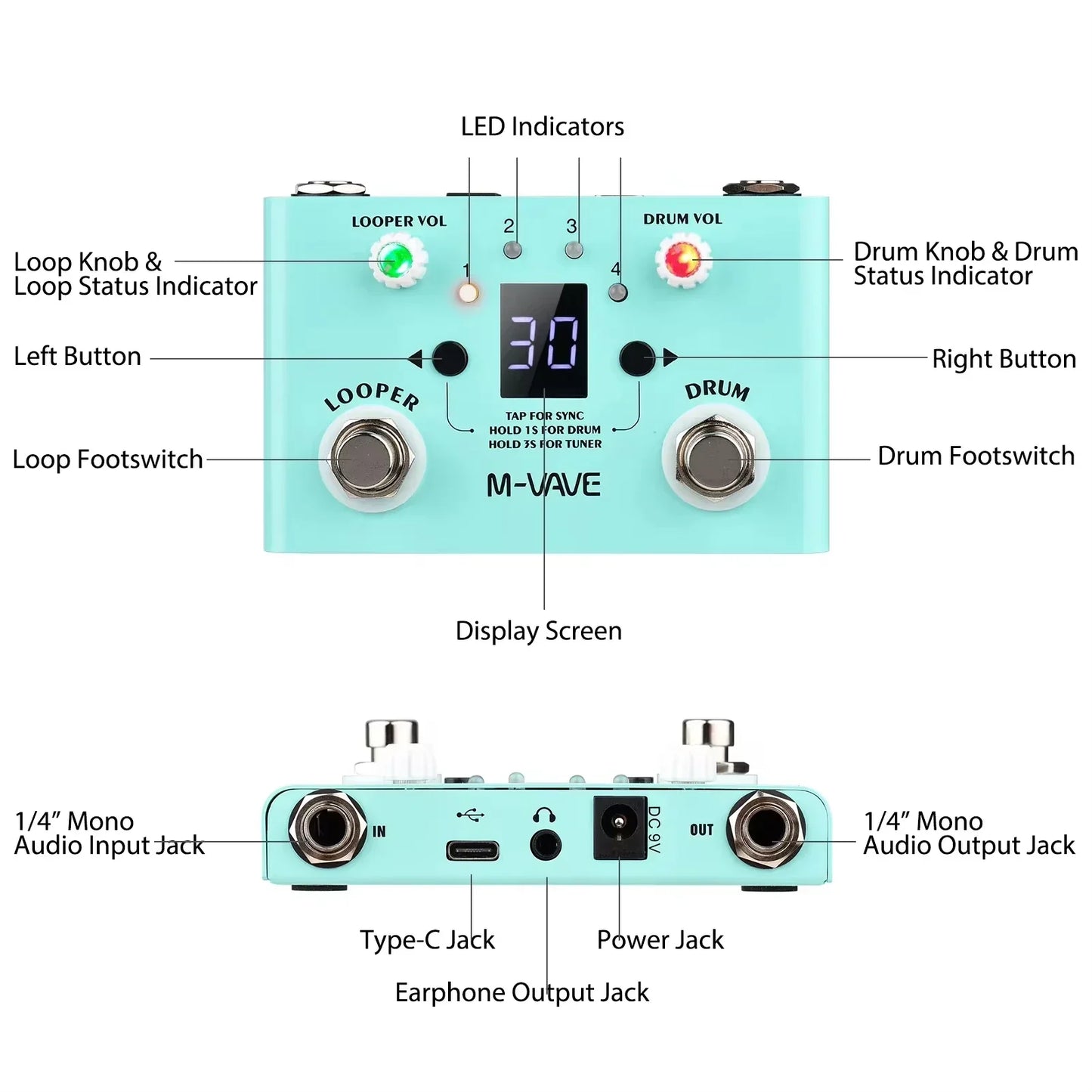 Mint green m-vave lost tempo drum looper pedal with silver knobs footswitches and digital display for guitar bass effects