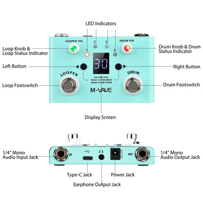 Mint green m-vave lost tempo drum looper pedal with silver knobs footswitches and digital display for guitar bass effects