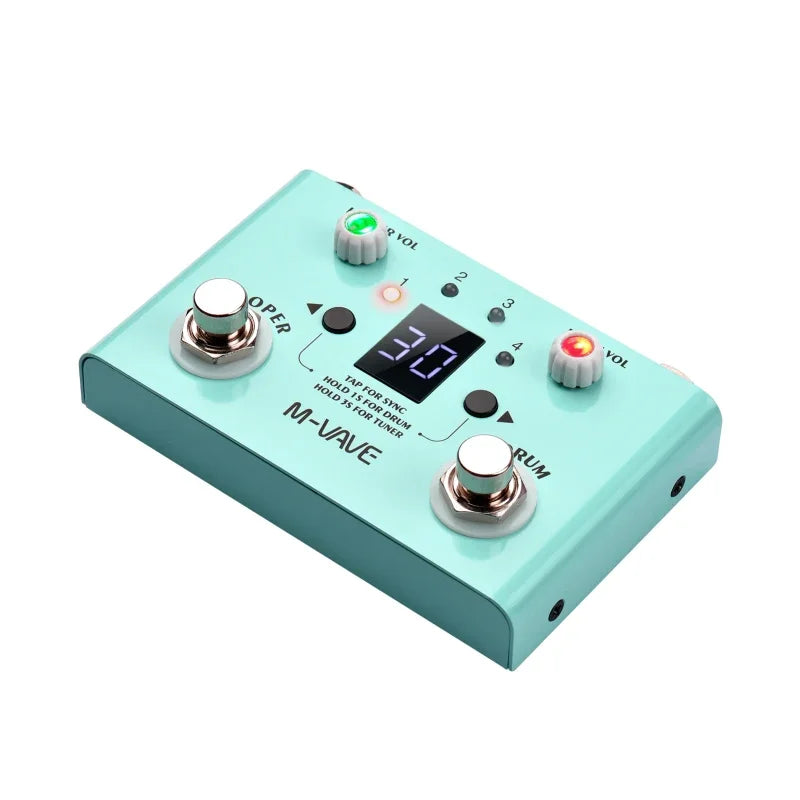 Mint green m-vave lost tempo v2 drum machine pedal with silver knobs, digital display, high precision tuner, and 11-min recording time