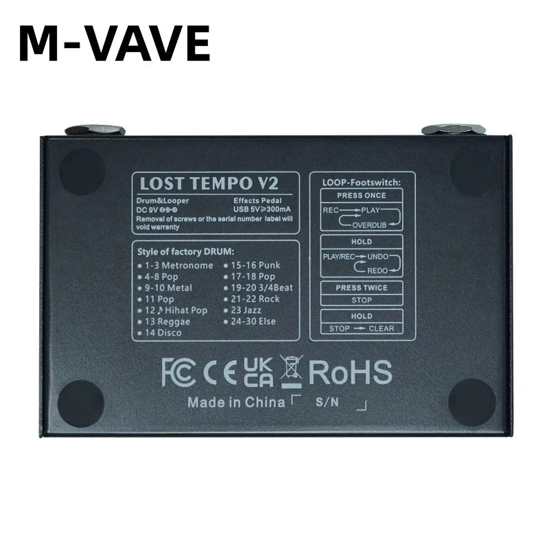 Black m-vave lost tempo v2 drum machine and looper pedal with white labeling high precision tuner and recording time