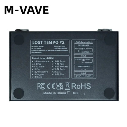 Black m-vave lost tempo v2 drum machine and looper pedal with white labeling high precision tuner and recording time