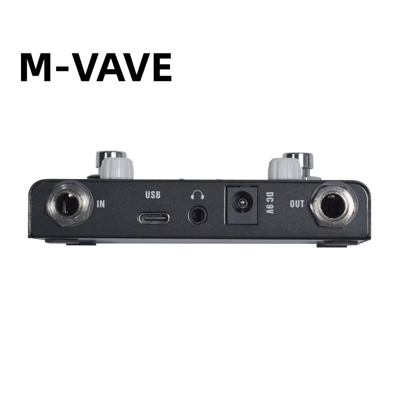 Black m-vave audio interface with silver knobs featuring usb-c xlr inputs outputs and dc9v output for high precision tuner recording time and ≥300ma power adapter use