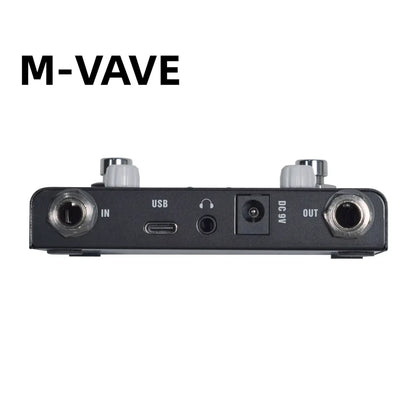 Black m-vave audio interface with silver knobs featuring usb-c xlr inputs outputs and dc9v output for high precision tuner recording time and ≥300ma power adapter use
