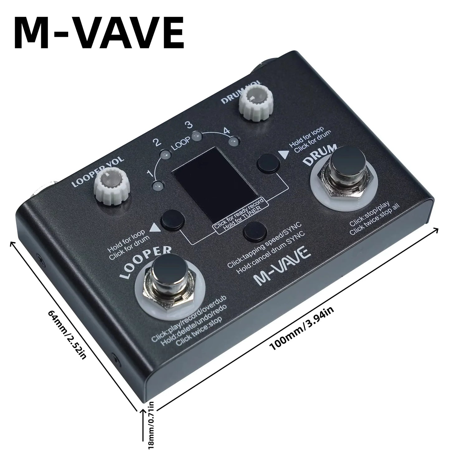 Black m-vave lost tempo v2 drum machine and looper pedal with white knobs, small screen, high precision tuner, and 11-min recording time