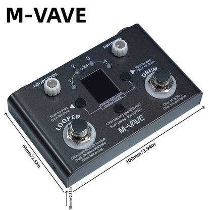 Black m-vave lost tempo v2 drum machine and looper pedal with white knobs, small screen, high precision tuner, and 11-min recording time