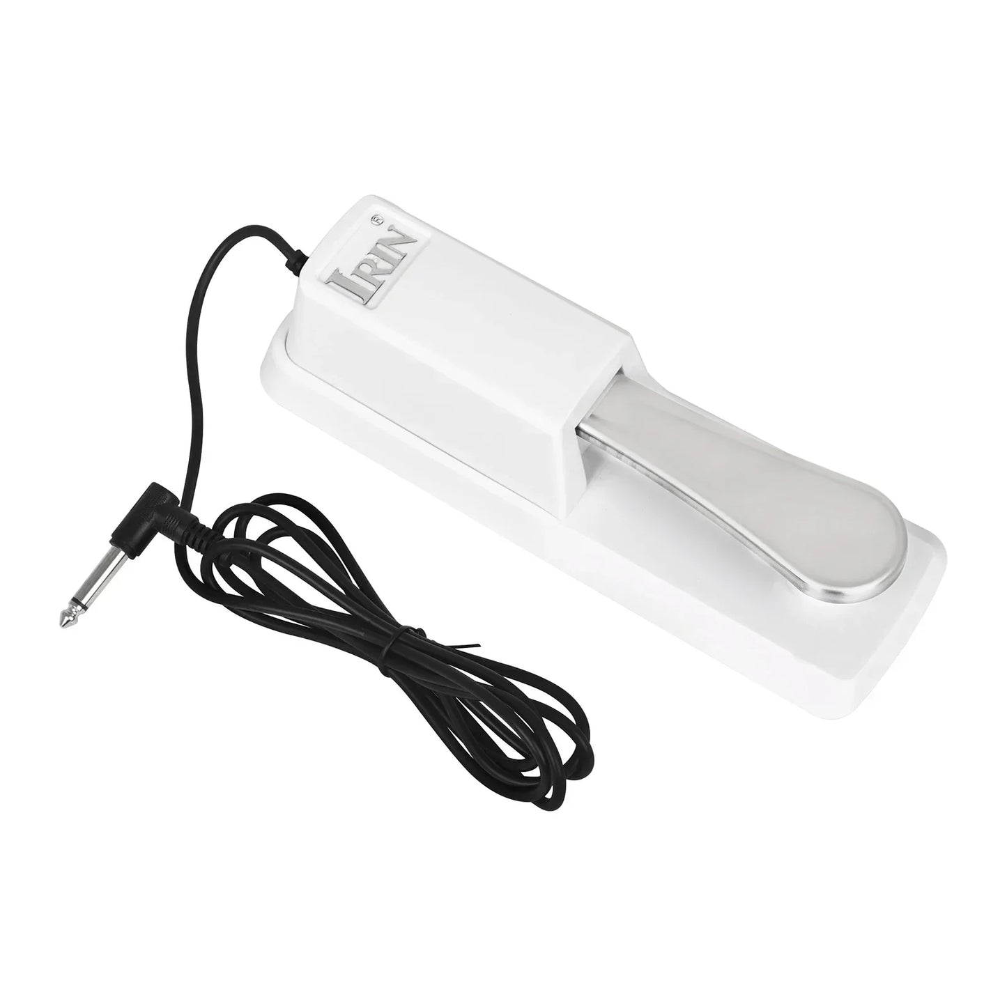 White plastic and metallic piano pedal with black cable for irin midi controller keyboard with rgb backlit pads portable usb keyboard
